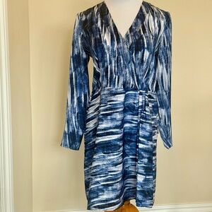 Blue abstract,  faux wrapped dress,  V-neck/flattering silhouette/size 10